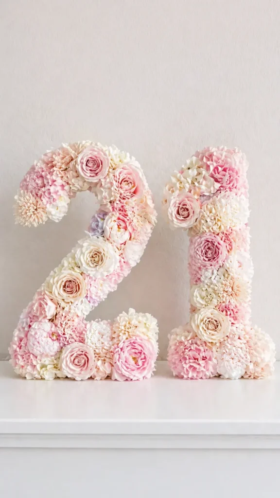 Floral number display shaped as 21, covered in blush pink, cream, and ivory flowers, standing on a white tabletop against a soft neutral wall.