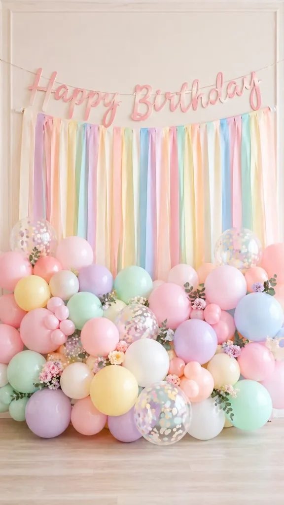 Neat pastel birthday backdrop with a pink “Happy Birthday” sign, vertical pastel streamers, and a large pastel balloon garland with confetti balloons and flowers.