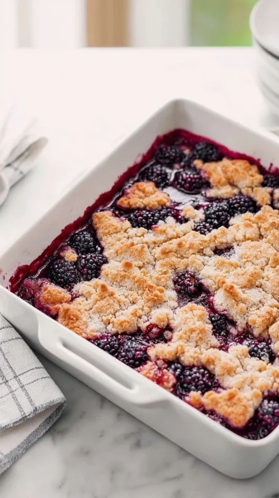hyper-realistic photo of a freshly baked blackberry cobbler in a 9-inch square white ceramic baking dish with minimal white handles, bubbling glossy blackberries peeking through a golden rustic cobbler topping, crisp browned edges, juicy deep purple blackberry filling, set on a bright white marble countertop in a bright white kitchen, soft natural window light, editorial food photography, realistic texture, warm cozy baking scene, clean styling, no people, no text, no logo, no watermark