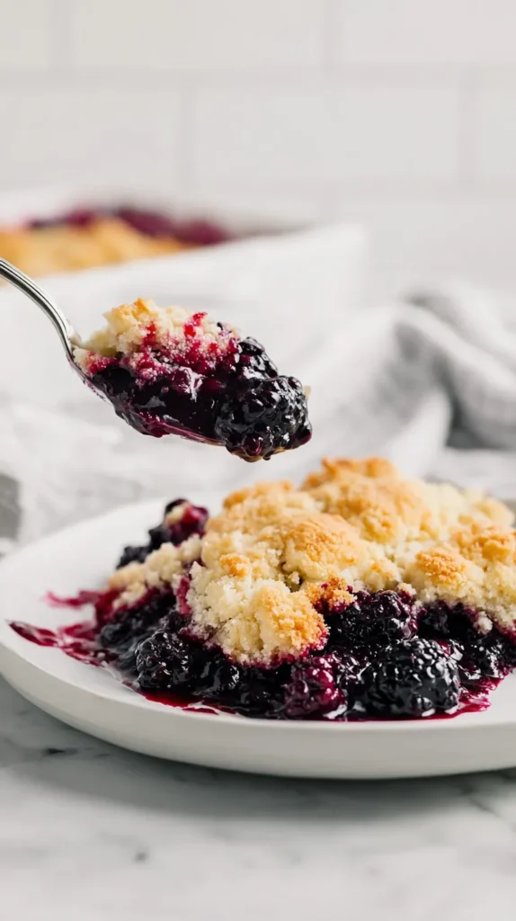 hyper-realistic photo of a serving of blackberry cobbler on a white dessert plate with a silver spoon lifting up a bite, glossy blackberry filling stretching slightly from the plate, golden cobbler topping with crisp browned edges and a soft fluffy interior, deep purple berry juices, bright white marble countertop, bright white kitchen background, soft natural window light, editorial food photography, realistic textures, no hand visible, no people, no text, no logo, no watermark
