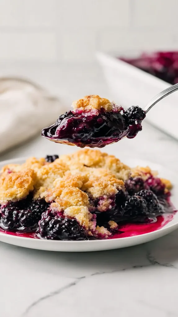 hyper-realistic photo of a serving of blackberry cobbler on a white dessert plate with a silver spoon lifting up a bite, glossy blackberry filling stretching slightly from the plate, golden cobbler topping with crisp browned edges and a soft fluffy interior, deep purple berry juices, bright white marble countertop, bright white kitchen background, soft natural window light, editorial food photography, realistic textures, no hand visible, no people, no text, no logo, no watermark