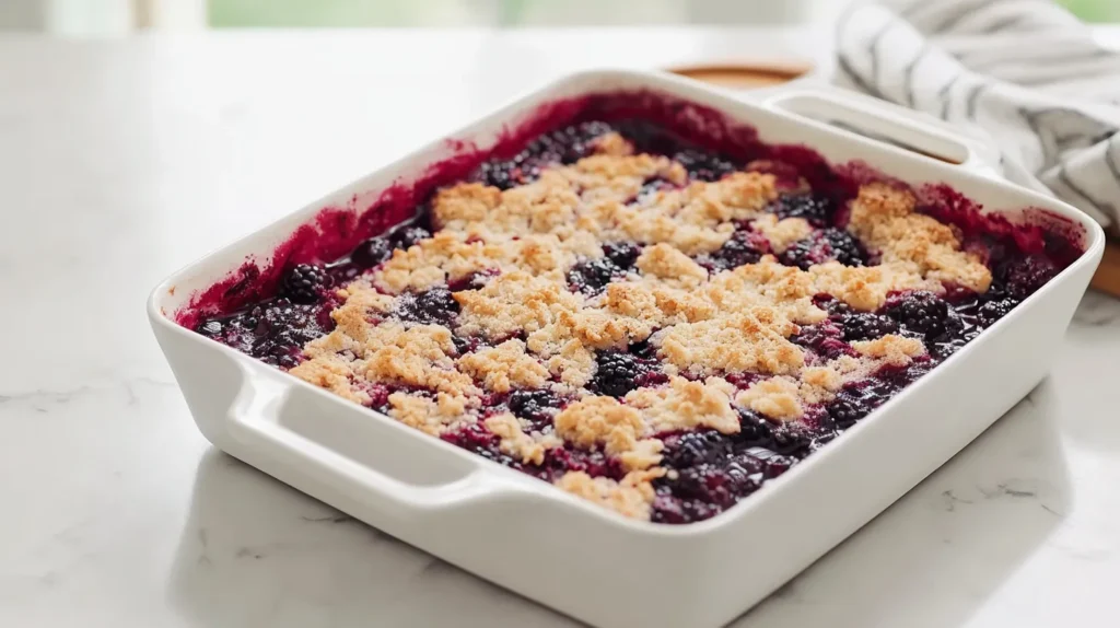 hyper-realistic photo of a single serving of blackberry cobbler on a white dessert plate, juicy glossy baked blackberries spilling into the plate, golden cobbler topping with crisp edges and a soft tender center, rich deep purple baked blackberry filling, bright white marble countertop, bright white kitchen background, soft natural window light, clean editorial food photography, realistic crumb texture, beautiful contrast between the dark berries and golden topping, no people, no text, no logo, no watermark