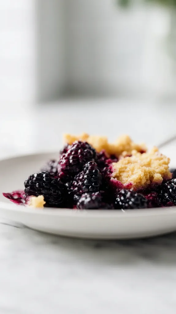 hyper-realistic photo of a serving of blackberry cobbler on a white dessert plate, juicy glossy blackberries spilling into the plate, golden cobbler topping with crisp edges and a soft tender center, rich deep purple berry filling, bright white marble countertop, bright white kitchen background, soft natural window light, clean editorial food photography, realistic crumb texture, beautiful contrast between the dark berries and golden topping, no people, no text, no logo, no watermark