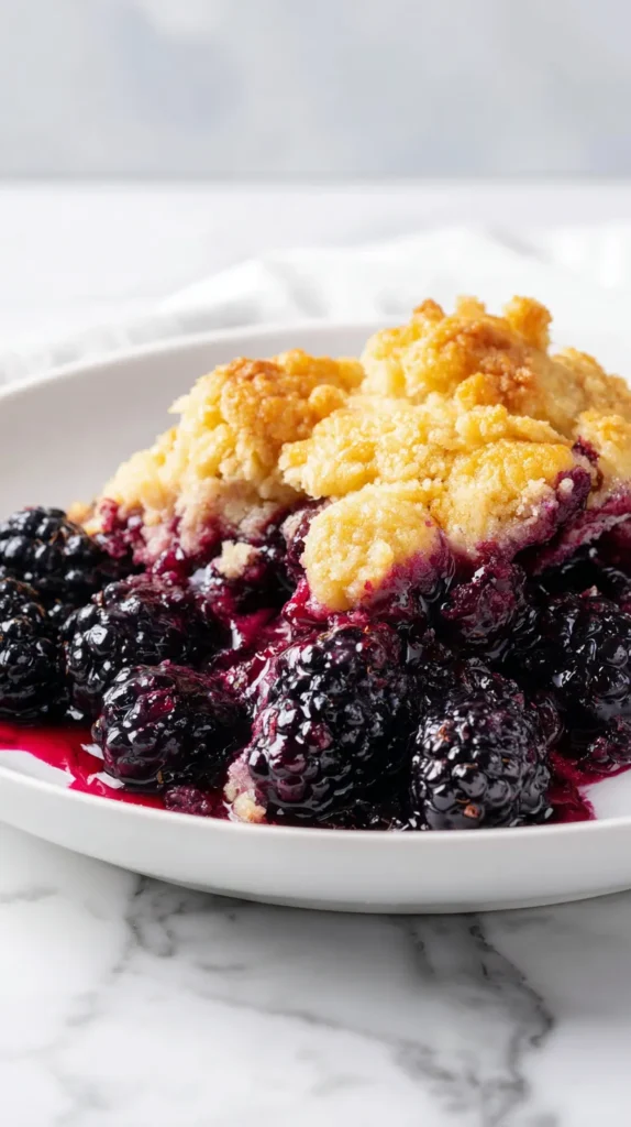 Close-up of blackberry cobbler on a white plate with a golden baked topping and glossy deep purple blackberry filling. Warm berry juices pool around the dessert, showing the soft texture of the cobbler and the juicy blackberries.