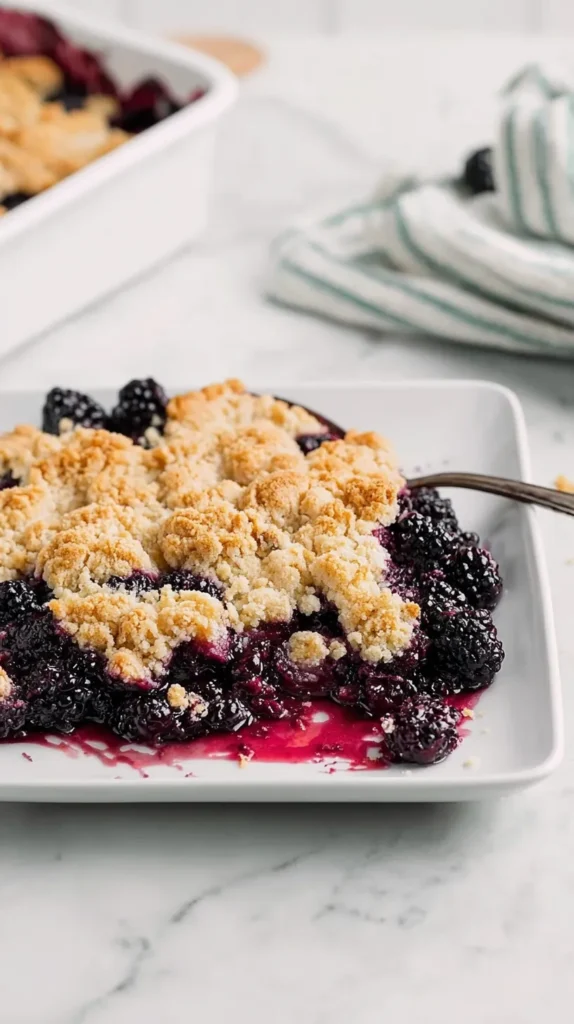 Close-up of blackberry cobbler on a white plate with a golden baked topping and glossy deep purple blackberry filling. Warm berry juices pool around the dessert, showing the soft texture of the cobbler and the juicy blackberries.