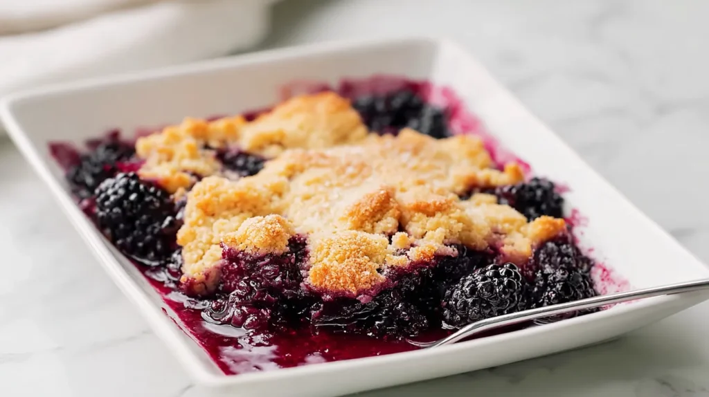 Close-up of blackberry cobbler on a white plate with a golden baked topping and glossy deep purple blackberry filling. Warm berry juices pool around the dessert, showing the soft texture of the cobbler and the juicy blackberries.