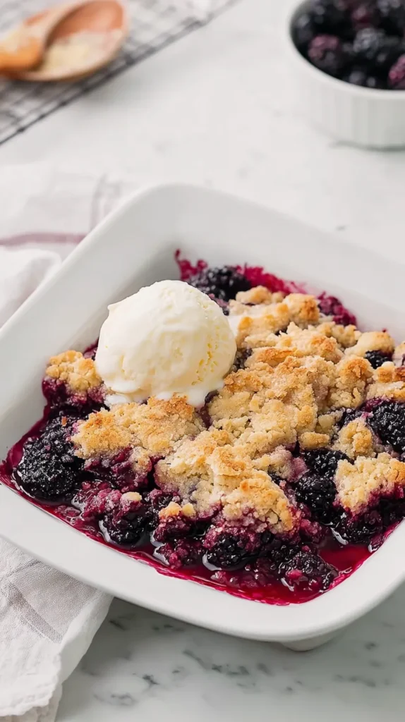 Close-up of blackberry cobbler served on a white plate with a scoop of vanilla ice cream on top. The dessert has a golden baked topping, glossy deep purple blackberry filling, and warm berry juices pooling around the edges as the ice cream begins to melt.