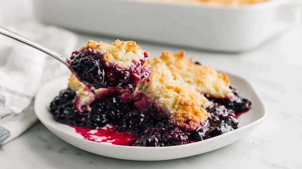 Close-up of a serving of blackberry cobbler on a white plate with a spoon lifting a bite. The dessert has a golden, soft cobbler topping and glossy deep purple blackberry filling with juicy berries and syrup pooling around it.