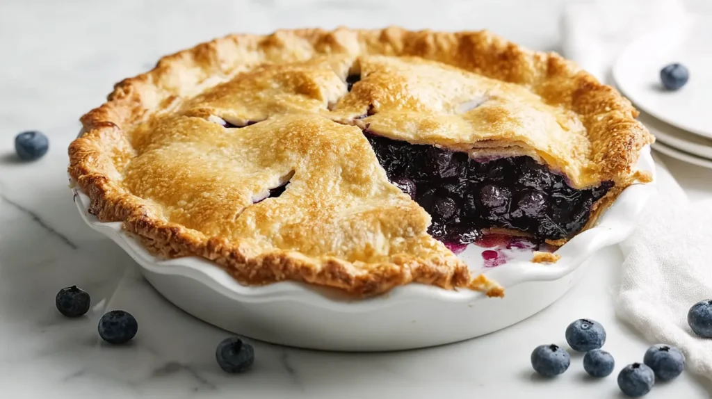 hyper-realistic photo of a freshly baked blueberry pie in a white ceramic pie dish, full golden top crust with small vent slits, glossy blueberry filling just slightly bubbling through the vents, a single slice removed to show the thick juicy interior, scattered fresh blueberries nearby, set on a bright white marble countertop in a bright white kitchen, soft natural window light, crisp editorial food photography, clean airy composition, realistic textures, buttery crust detail, vibrant blueberry color, elegant but homey styling, no people, no utensils, no napkins, no text, no logo, no watermark