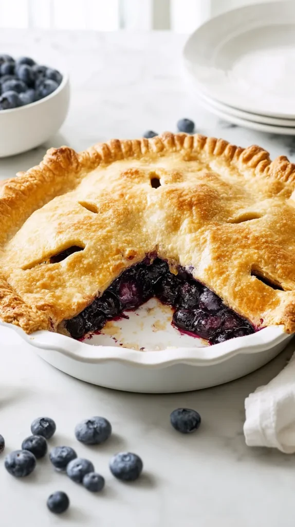 hyper-realistic photo of a freshly baked blueberry pie in a white ceramic pie dish, full golden top crust with small vent slits, glossy blueberry filling just slightly bubbling through the vents, a single slice removed to show the thick juicy interior, scattered fresh blueberries nearby, set on a bright white marble countertop in a bright white kitchen, soft natural window light, crisp editorial food photography, clean airy composition, realistic textures, buttery crust detail, vibrant blueberry color, elegant but homey styling, no people, no utensils, no napkins, no text, no logo, no watermark