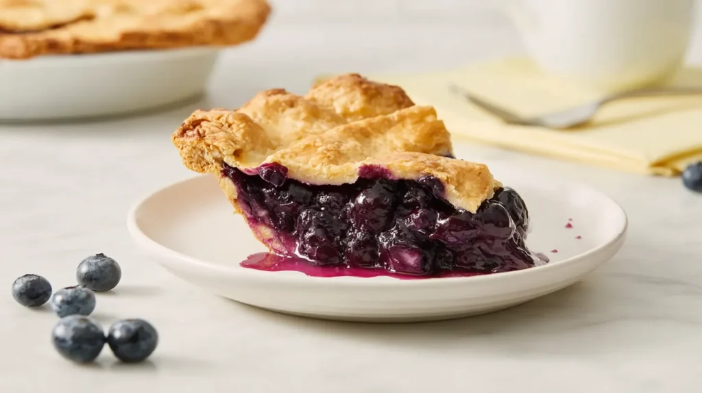 hyper-realistic photo of a single slice of blueberry pie on a white ceramic dessert plate, thick glossy blueberry filling with visible whole berries, flaky golden top and bottom crust, the slice holding its shape cleanly, a few blueberry juices lightly pooling on the plate, set on a bright white marble countertop in a bright white kitchen, soft natural window light, crisp editorial food photography, realistic textures, buttery crust detail, fresh blueberries scattered nearby, clean airy composition, no people, no utensils, no napkins, no text, no logo, no watermark