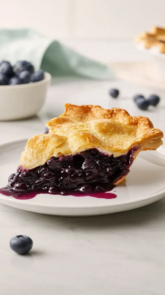 hyper-realistic photo of a single slice of blueberry pie on a white ceramic dessert plate, thick glossy blueberry filling with visible whole berries, flaky golden top and bottom crust, the slice holding its shape cleanly, a few blueberry juices lightly pooling on the plate, set on a bright white marble countertop in a bright white kitchen, soft natural window light, crisp editorial food photography, realistic textures, buttery crust detail, fresh blueberries scattered nearby, clean airy composition, no people, no utensils, no napkins, no text, no logo, no watermark