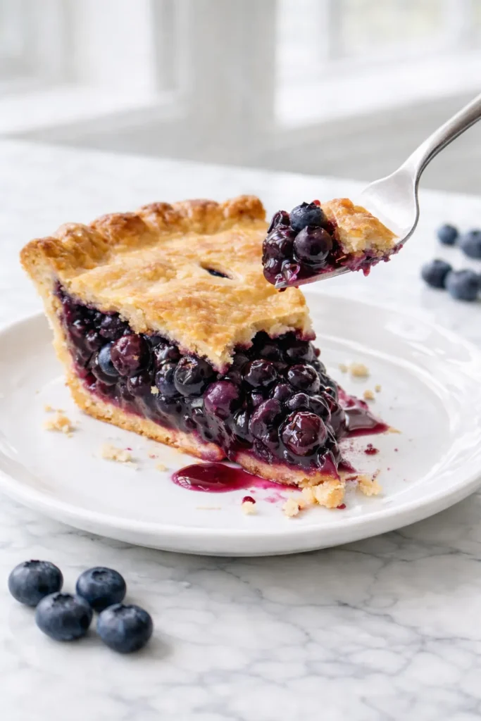 hyper-realistic photo of a slice of blueberry pie on a white ceramic dessert plate, a silver fork lifting a bite that has been clearly removed from the front tip of the slice, a visible missing bite mark left in the pie slice on the plate, broken flaky crust edges where the bite was taken, thick glossy blueberry filling with visible whole berries, a few crumbs and a small smear of blueberry juice on the plate, bright white marble countertop, bright white kitchen, soft natural window light, crisp editorial food photography, realistic textures, no people, no text, no logo, no watermark