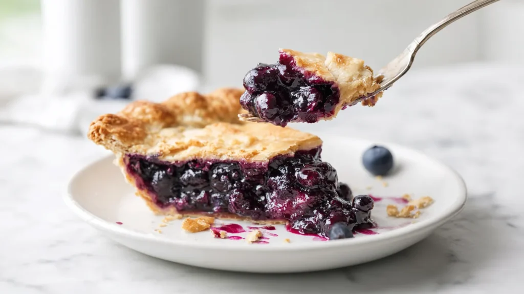 hyper-realistic photo of a slice of blueberry pie on a white ceramic dessert plate, a silver fork lifting a bite that has been clearly removed from the front tip of the slice, a visible missing bite mark left in the pie slice on the plate, broken flaky crust edges where the bite was taken, thick glossy blueberry filling with visible whole berries, a few crumbs and a small smear of blueberry juice on the plate, bright white marble countertop, bright white kitchen, soft natural window light, crisp editorial food photography, realistic textures, no people, no text, no logo, no watermark