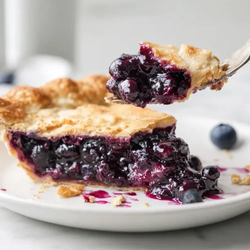 hyper-realistic photo of a slice of blueberry pie on a white ceramic dessert plate, a silver fork lifting a bite that has been clearly removed from the front tip of the slice, a visible missing bite mark left in the pie slice on the plate, broken flaky crust edges where the bite was taken, thick glossy blueberry filling with visible whole berries, a few crumbs and a small smear of blueberry juice on the plate, bright white marble countertop, bright white kitchen, soft natural window light, crisp editorial food photography, realistic textures, no people, no text, no logo, no watermark