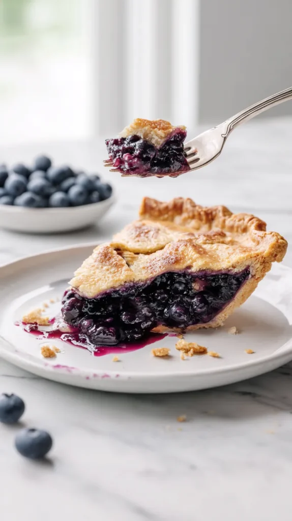 hyper-realistic photo of a slice of blueberry pie on a white ceramic dessert plate, a silver fork lifting a bite that has been clearly removed from the front tip of the slice, a visible missing bite mark left in the pie slice on the plate, broken flaky crust edges where the bite was taken, thick glossy blueberry filling with visible whole berries, a few crumbs and a small smear of blueberry juice on the plate, bright white marble countertop, bright white kitchen, soft natural window light, crisp editorial food photography, realistic textures, no people, no text, no logo, no watermark