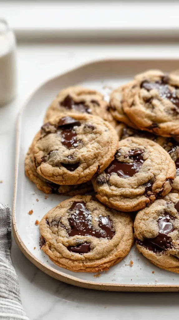 hyper-realistic photo of brown butter chocolate chip cookies stacked on a white ceramic plate, rich golden brown edges, soft thick centers, glossy melted chocolate pools, visible flaky sea salt, a few broken cookies showing gooey middles, warm bakery-style texture, on a white marble countertop in a bright white kitchen, soft natural window light, crisp focus, clean editorial food photography, realistic crumbs, subtle linen napkin, elevated homemade look, no people, no text, no logos, no watermark