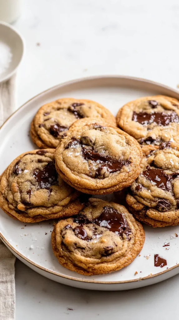 hyper-realistic photo of brown butter chocolate chip cookies stacked on a white ceramic plate, rich golden brown edges, soft thick centers, glossy melted chocolate pools, visible flaky sea salt, a few broken cookies showing gooey middles, warm bakery-style texture, on a white marble countertop in a bright white kitchen, soft natural window light, crisp focus, clean editorial food photography, realistic crumbs, subtle linen napkin, elevated homemade look, no people, no text, no logos, no watermark
