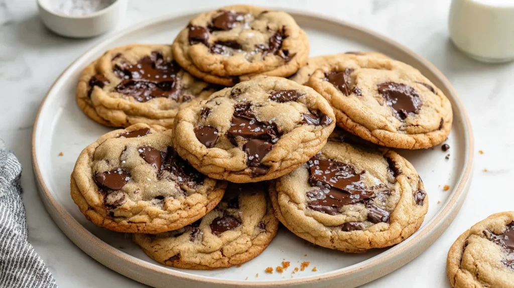hyper-realistic photo of brown butter chocolate chip cookies stacked on a white ceramic plate, rich golden brown edges, soft thick centers, glossy melted chocolate pools, visible flaky sea salt, a few broken cookies showing gooey middles, warm bakery-style texture, on a white marble countertop in a bright white kitchen, soft natural window light, crisp focus, clean editorial food photography, realistic crumbs, subtle linen napkin, elevated homemade look, no people, no text, no logos, no watermark