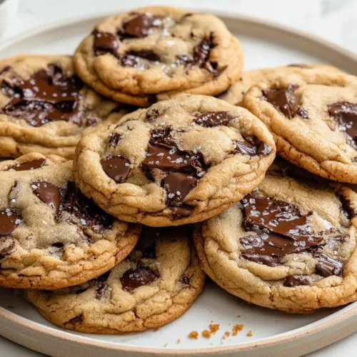 hyper-realistic photo of brown butter chocolate chip cookies stacked on a white ceramic plate, rich golden brown edges, soft thick centers, glossy melted chocolate pools, visible flaky sea salt, a few broken cookies showing gooey middles, warm bakery-style texture, on a white marble countertop in a bright white kitchen, soft natural window light, crisp focus, clean editorial food photography, realistic crumbs, subtle linen napkin, elevated homemade look, no people, no text, no logos, no watermark