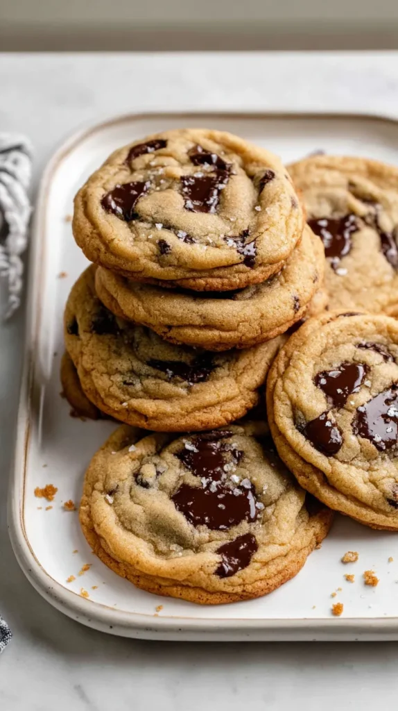 hyper-realistic photo of brown butter chocolate chip cookies stacked on a white ceramic plate, rich golden brown edges, soft thick centers, glossy melted chocolate pools, visible flaky sea salt, a few broken cookies showing gooey middles, warm bakery-style texture, on a white marble countertop in a bright white kitchen, soft natural window light, crisp focus, clean editorial food photography, realistic crumbs, subtle linen napkin, elevated homemade look, no people, no text, no logos, no watermark