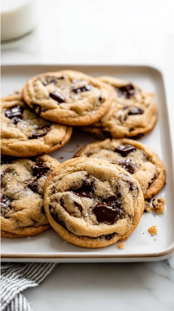 hyper-realistic photo of brown butter chocolate chip cookies on a white ceramic plate, thick bakery-style cookies with deep golden brown edges and soft centers, made with chopped semisweet and dark chocolate, glossy melted chocolate puddles, soft chocolate ribbons, pooled chocolate on cracked tops, gooey chocolate oozing from broken cookie centers, visible flaky sea salt, realistic crumbs, warm browned butter tones, on a white marble countertop in a bright white kitchen, soft natural window light, crisp focus, clean editorial food photography, elevated homemade look, no people, no text, no logos, no watermark