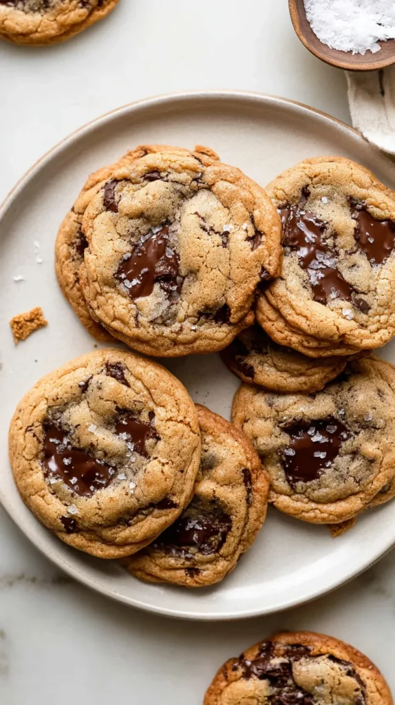 hyper-realistic photo of brown butter chocolate chip cookies on a white ceramic plate, thick bakery-style cookies with deep golden brown edges and soft centers, made with chopped semisweet and dark chocolate, glossy melted chocolate, soft chocolate ribbons, pooled chocolate on cracked tops, visible flaky sea salt, realistic crumbs, warm browned butter tones, on a white marble countertop in a bright white kitchen, soft natural window light, crisp focus, clean editorial food photography, elevated homemade look, no people, no text, no logos, no watermark