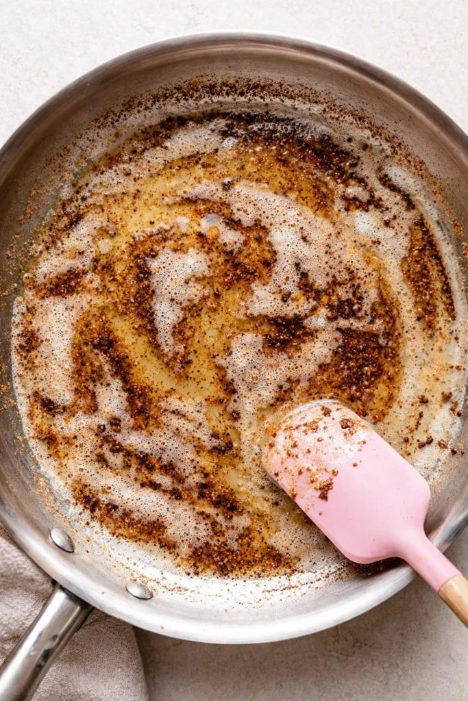 Overhead view of browned butter in a stainless steel skillet with foamy golden butter, toasted brown milk solids, and a light pink spatula.