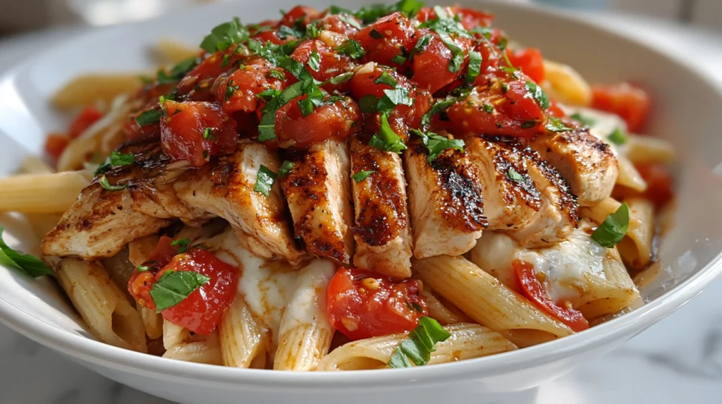 Homemade bruschetta chicken pasta with penne, tender chicken breast, tomato basil topping, mozzarella, and Parmesan cheese.