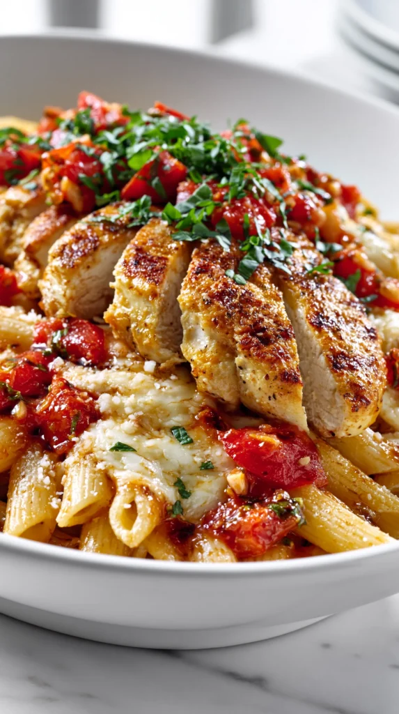Bright food photo of bruschetta chicken pasta in a white bowl with glossy penne, chicken, tomatoes, and basil.