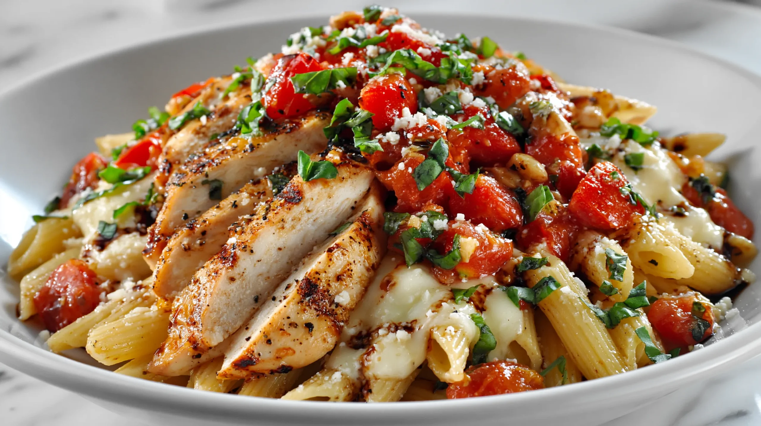 Bruschetta chicken pasta in a white bowl topped with sliced chicken, diced tomatoes, basil, mozzarella, and Parmesan.