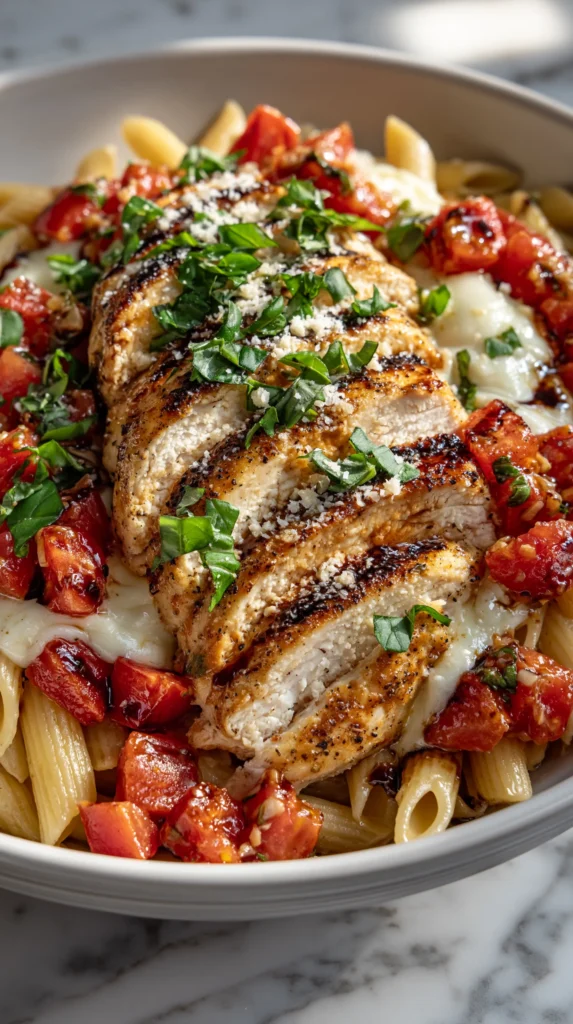 Hero shot of bruschetta chicken pasta topped with sliced chicken, diced tomatoes, basil, and lightly melted mozzarella.
