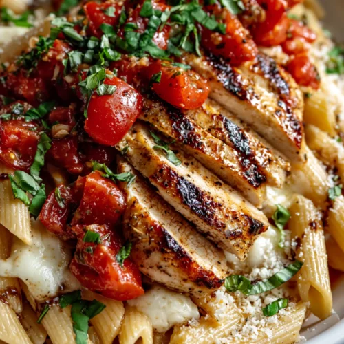 Fresh bruschetta chicken pasta with penne, seared chicken, marinated tomatoes, Parmesan, and a light balsamic drizzle.