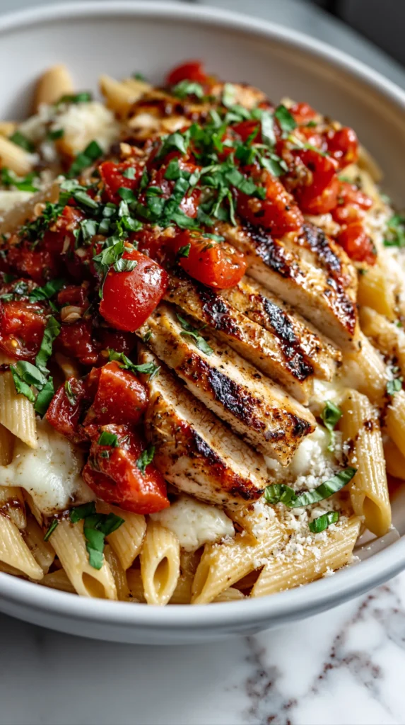 Fresh bruschetta chicken pasta with penne, seared chicken, marinated tomatoes, Parmesan, and a light balsamic drizzle.