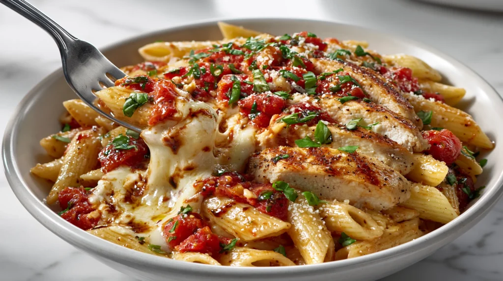 Bruschetta chicken pasta served in a shallow bowl with penne, golden chicken, melted mozzarella, and fresh basil.