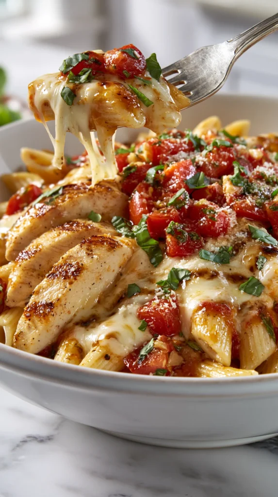 Close-up of bruschetta chicken pasta with juicy Roma tomatoes, chopped basil, sliced chicken breast, and balsamic glaze.