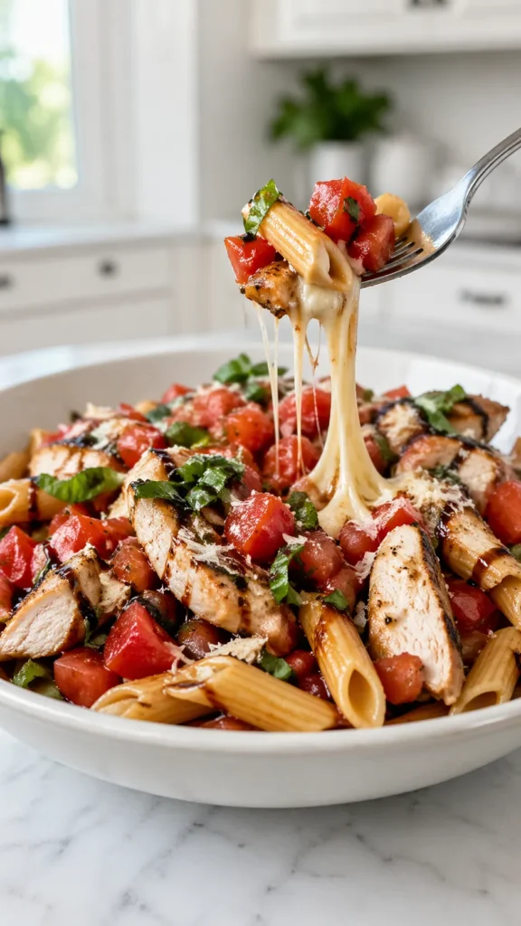 White bowl of bruschetta chicken pasta with penne, skillet-seared chicken, fresh tomato topping, and melted mozzarella.
