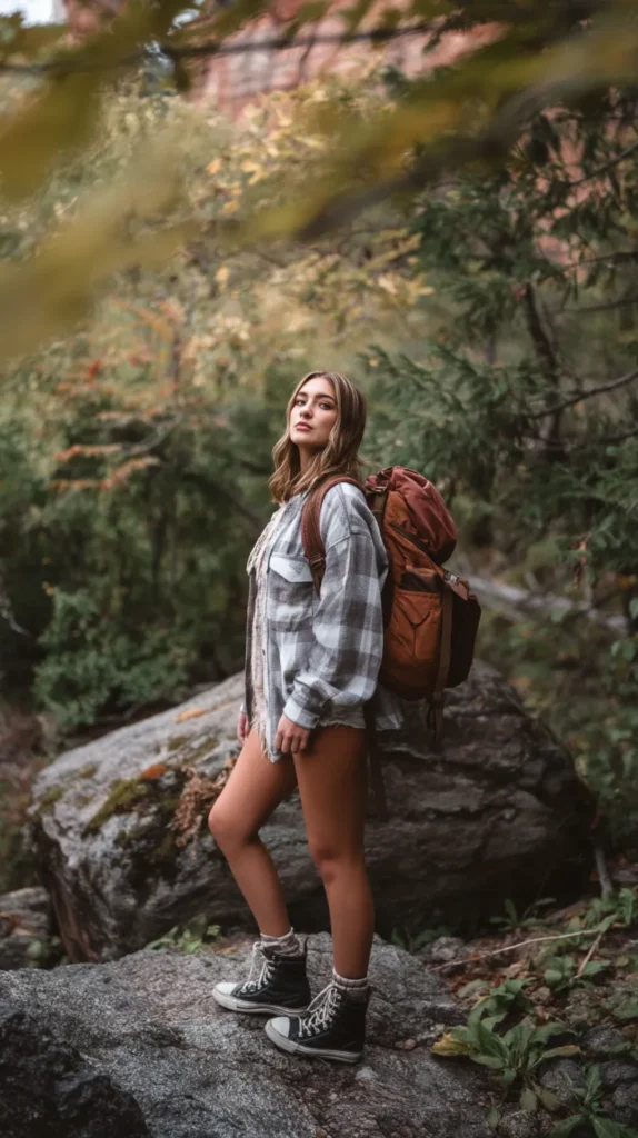 Female hiker standing on a forest trail