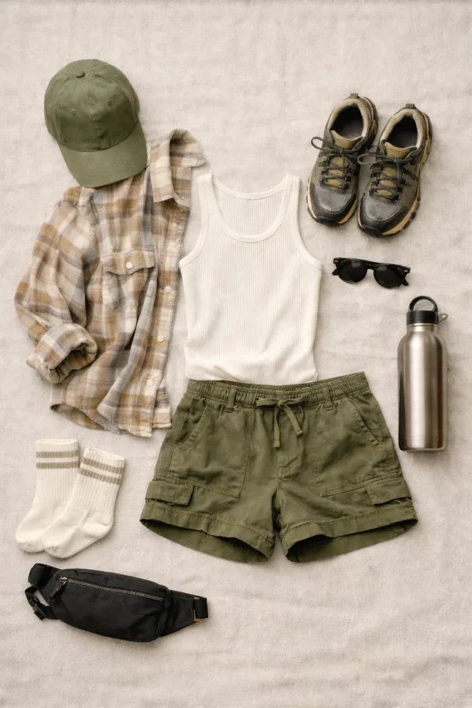 Flat lay of cute camping outfits for women, top-down view, aesthetic hiking fashion layout on a neutral canvas blanket, olive utility shorts, ribbed tank, lightweight flannel, trail sneakers, crew socks, baseball cap, belt bag, sunglasses, stainless water bottle, soft earthy tones, clean composition, natural light, realistic fabric texture, editorial outdoor styling, no people, no text, no logos 