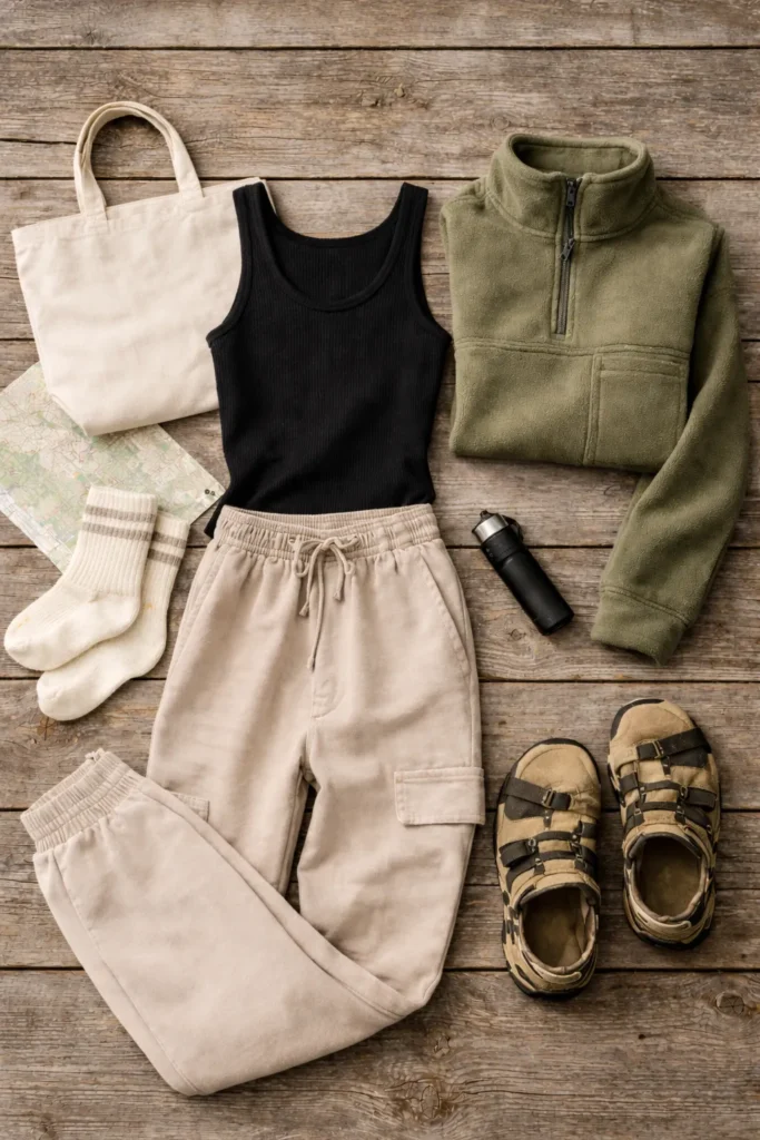 Flat lay of camping outfit ideas with a feminine hiking aesthetic, top-down editorial layout on weathered wood, soft beige joggers, fitted black tank, half-zip fleece, hiking sandals, striped socks, canvas tote, map, flashlight, neutral and muted green palette, crisp natural lighting, realistic shadows, elevated but practical outdoor style, no people, no text, no logos 