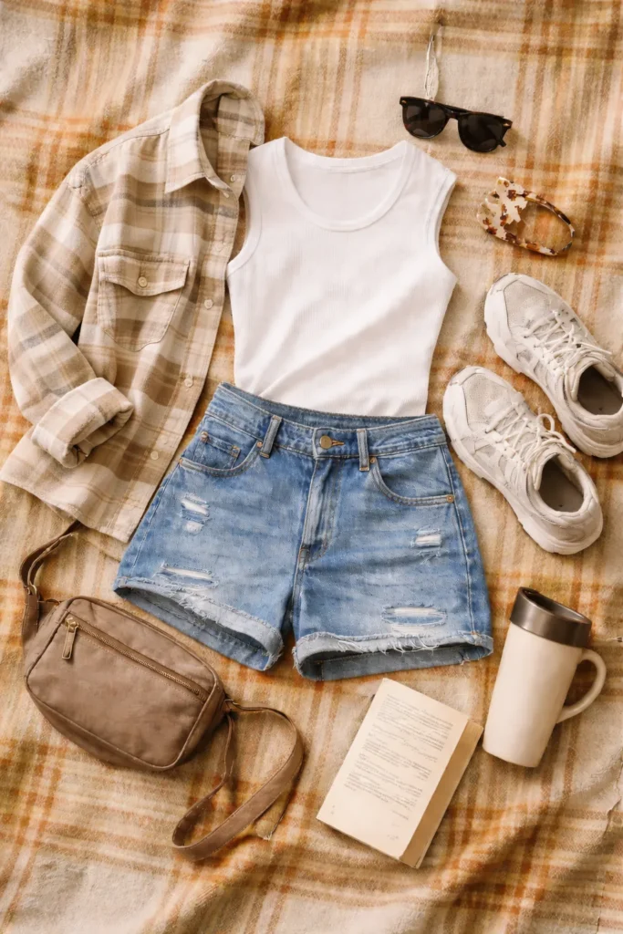 Flat lay of a roadtrip outfit and camper outfit aesthetic, top-down composition on a vintage picnic blanket, relaxed denim shorts, white fitted tee, lightweight shacket, sporty sneakers, claw clip, sunglasses, crossbody bag, travel mug, paperback book, soft warm tones, casual polished styling, realistic photography, clean spacing, outdoor lifestyle editorial, no people, no text, no logos 