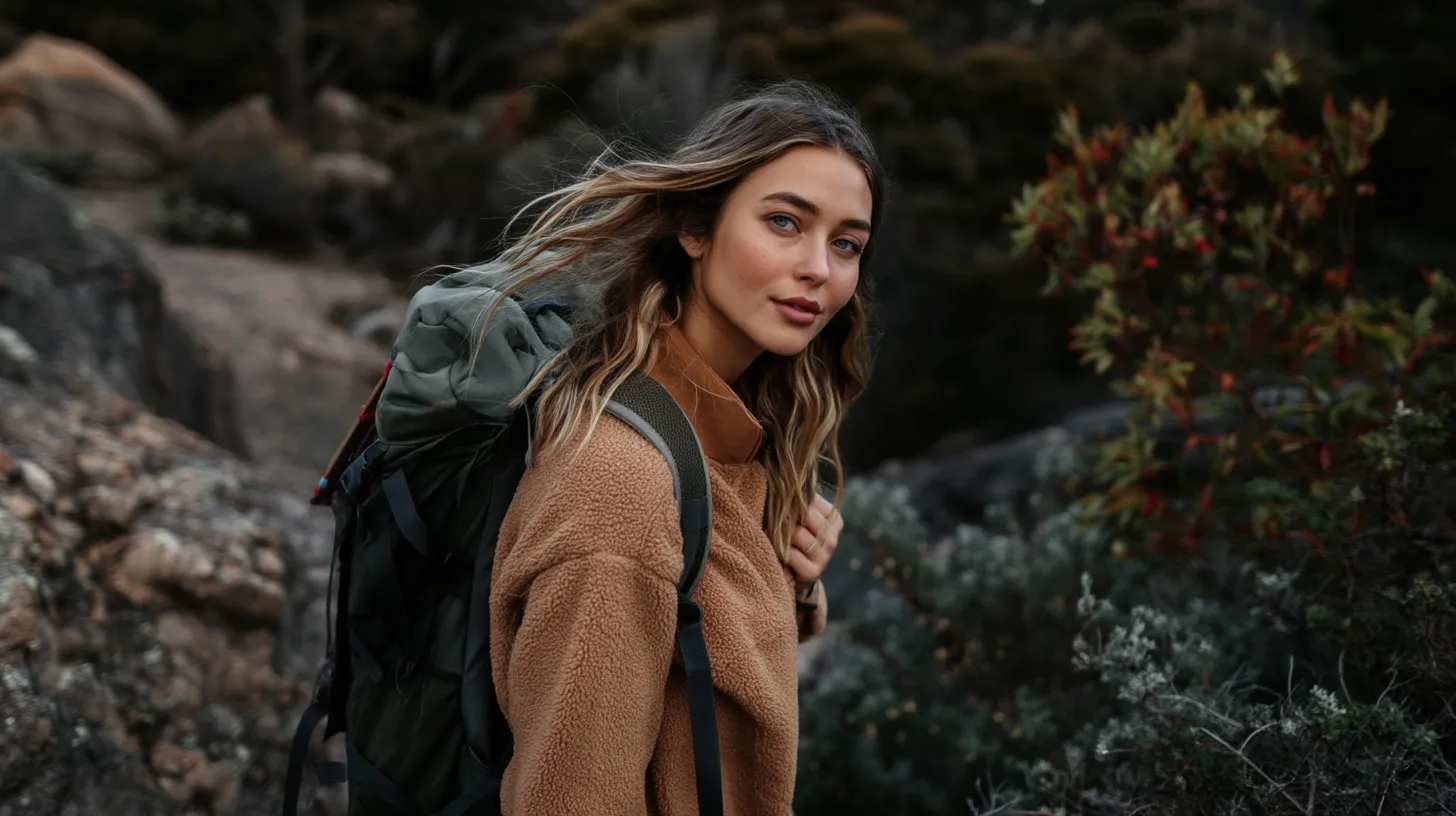 Woman outdoors in a camping outfit