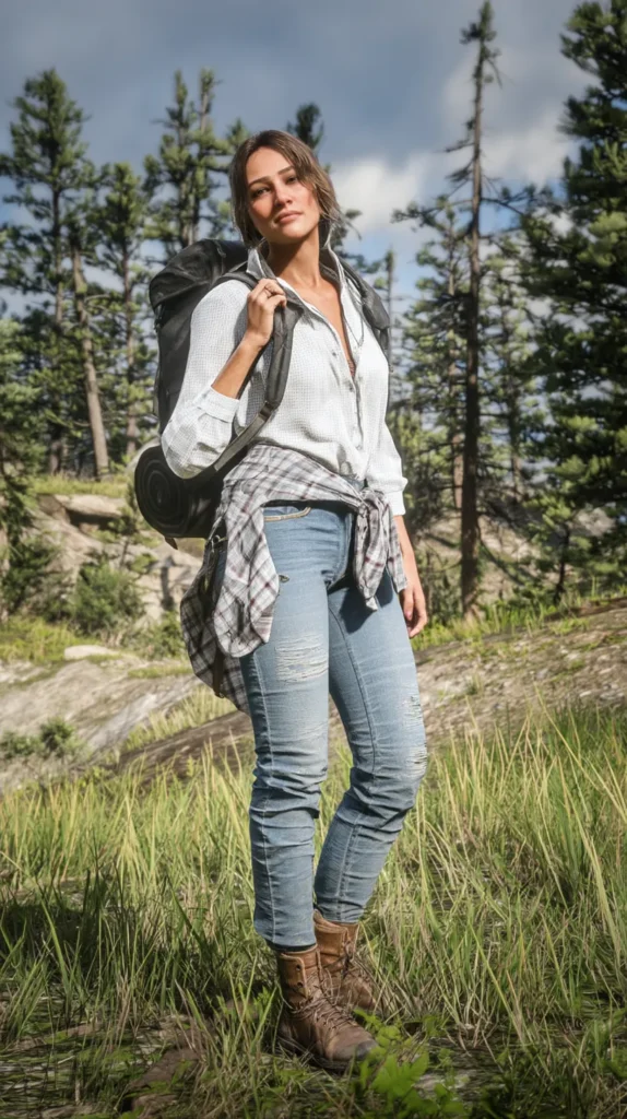 Woman dressed for camping in a natural landscape