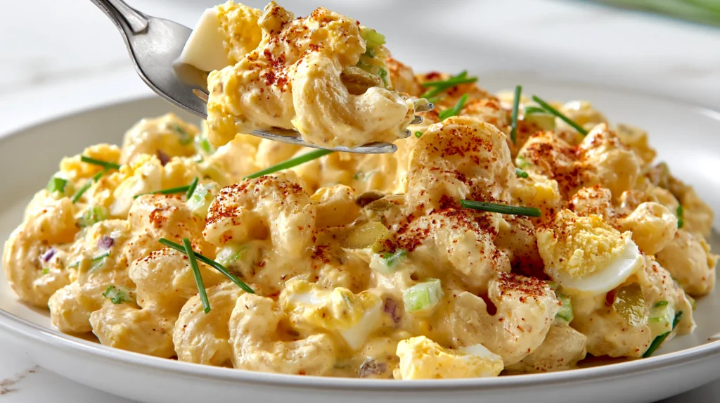 Close-up of a fork lift bite of deviled egg pasta salad with creamy noodles, chopped egg, and chives.