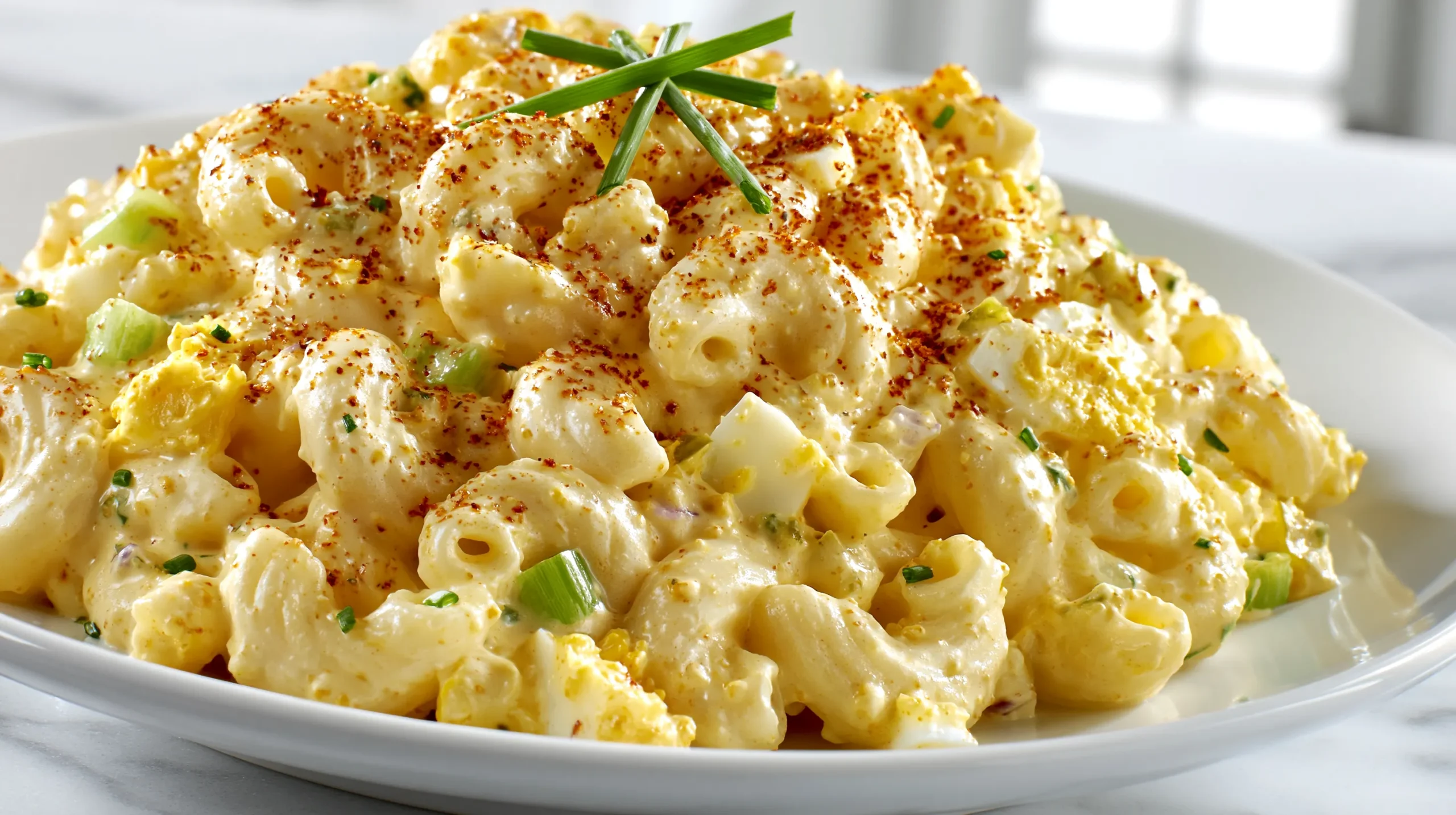 Homemade deviled egg pasta salad served on a white plate with creamy dressing and fresh chives.