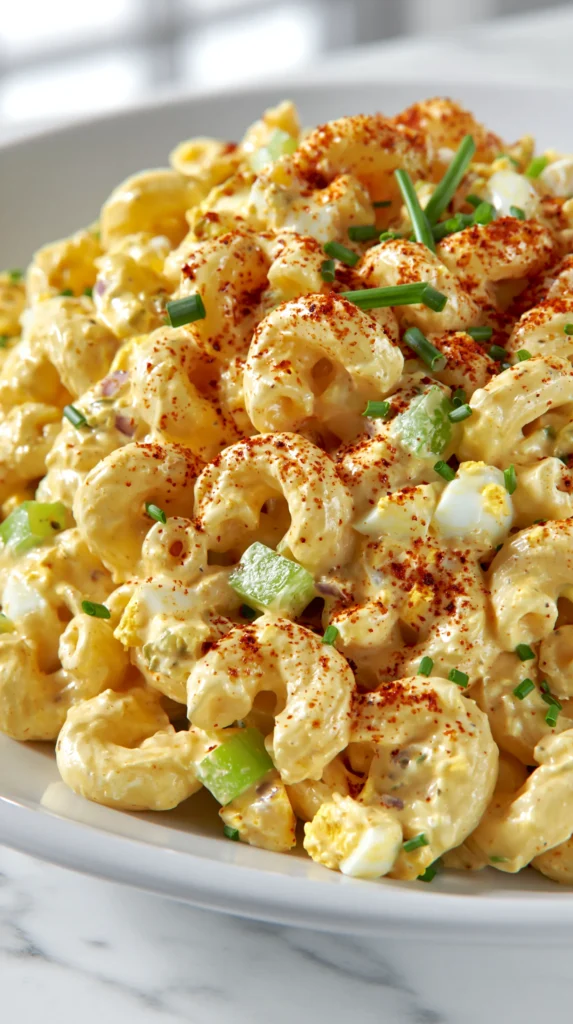 Close-up of deviled egg pasta salad showing elbow macaroni, egg chunks, celery, and paprika dusted over the top.