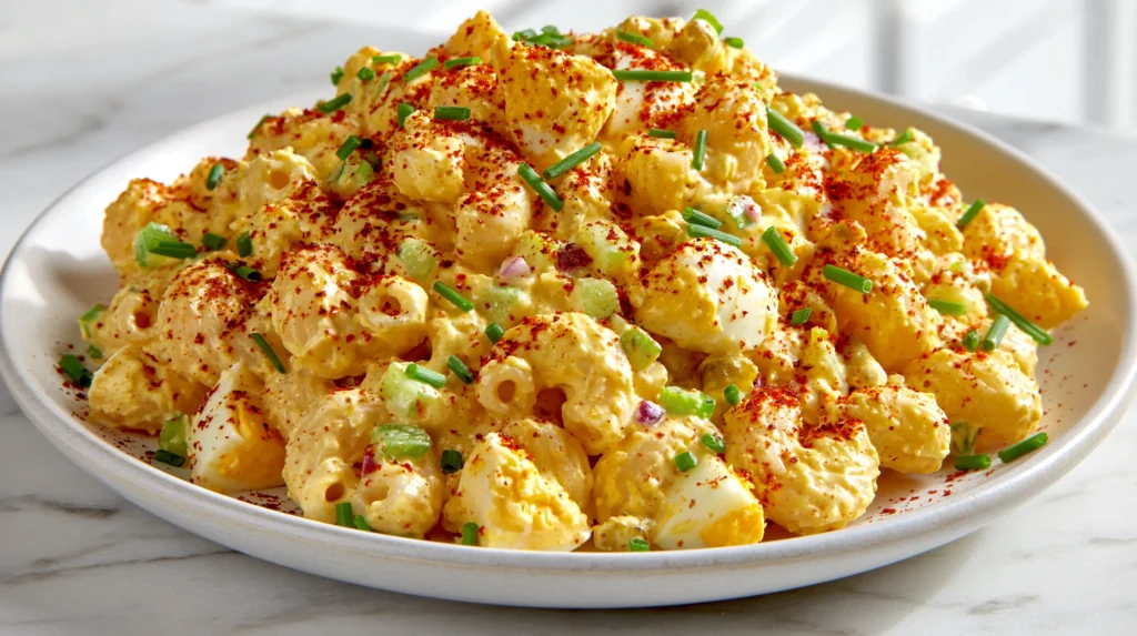 Overhead-style view of deviled egg pasta salad piled on a white plate with a thick mustard-mayo dressing.