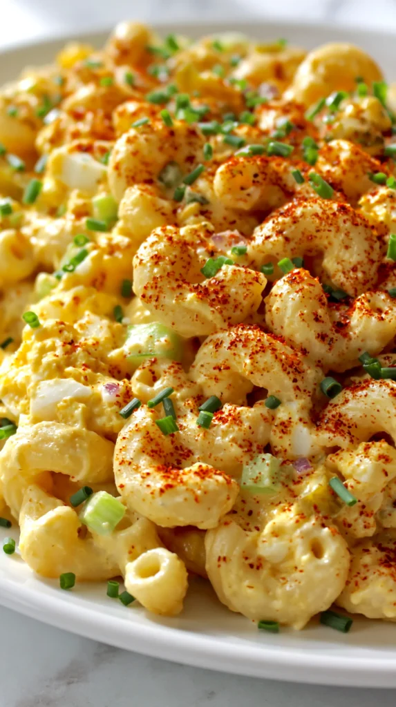 Close-up of deviled egg pasta salad showing elbow macaroni, egg chunks, celery, and paprika dusted over the top.