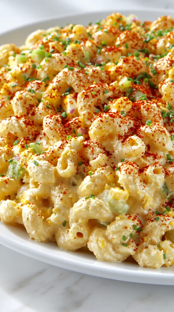 Overhead-style view of deviled egg pasta salad piled on a white plate with a thick mustard-mayo dressing.
