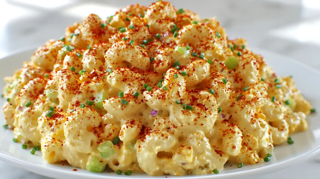 Creamy deviled egg pasta salad with chopped egg, celery, red onion, chives, and paprika.